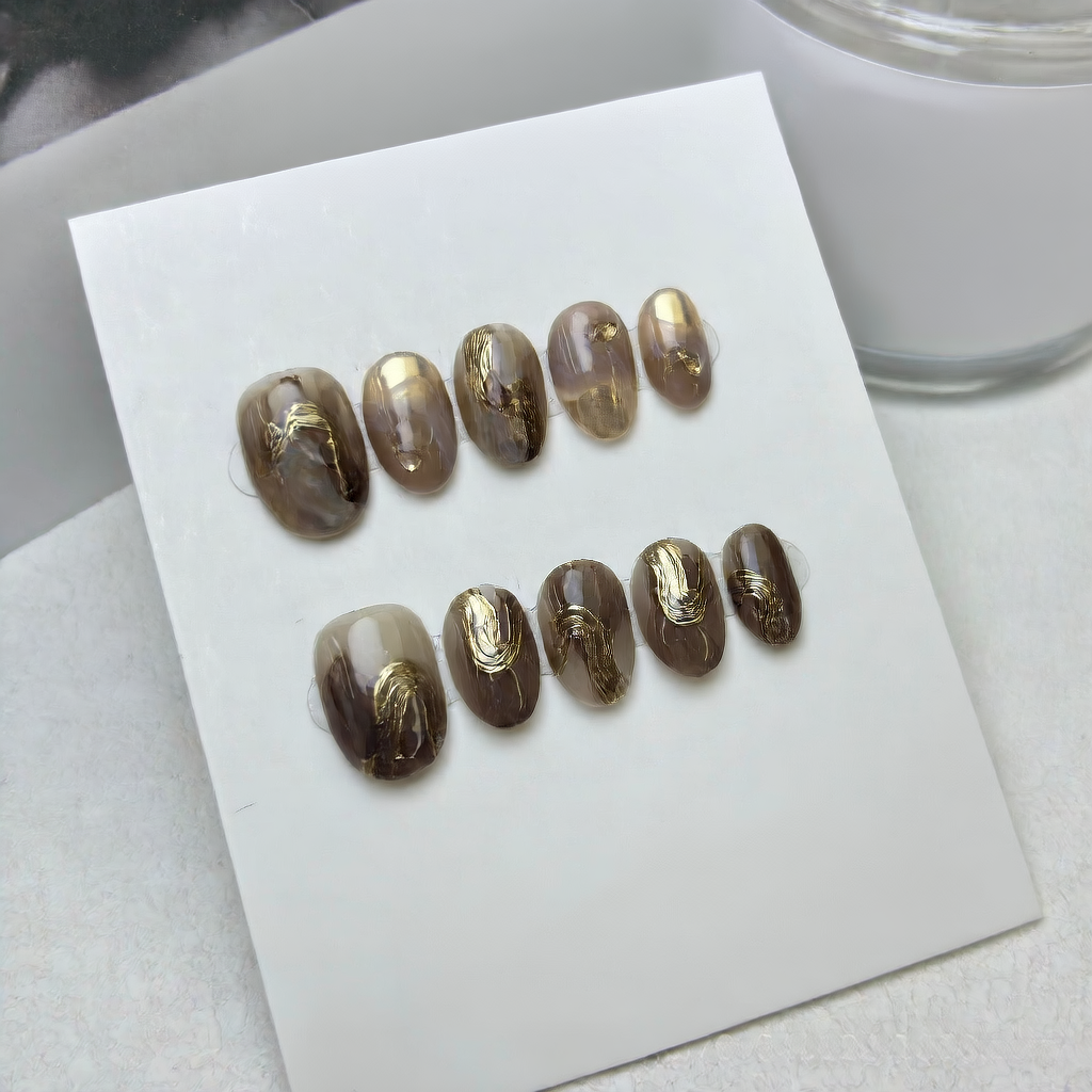 Handmade Detachable Nail Patches with Gold Foil Design