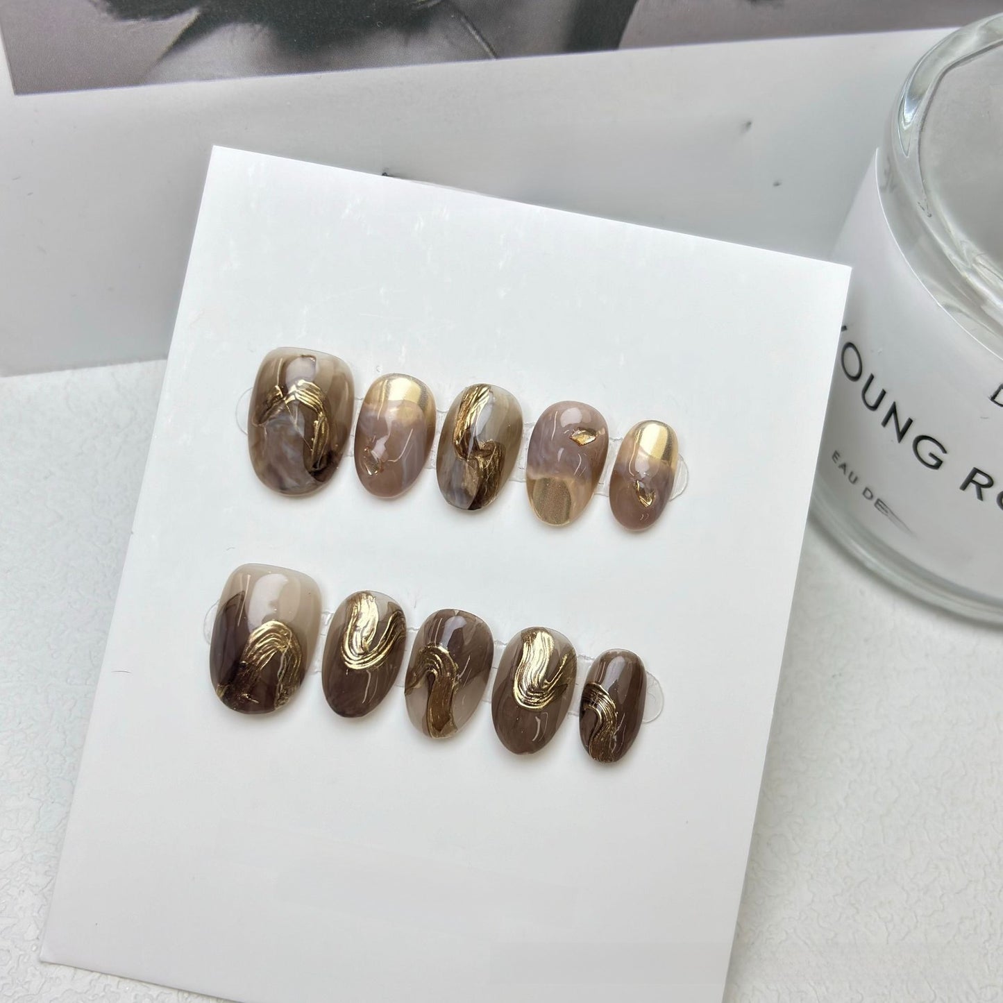 Handmade Detachable Nail Patches with Gold Foil Design