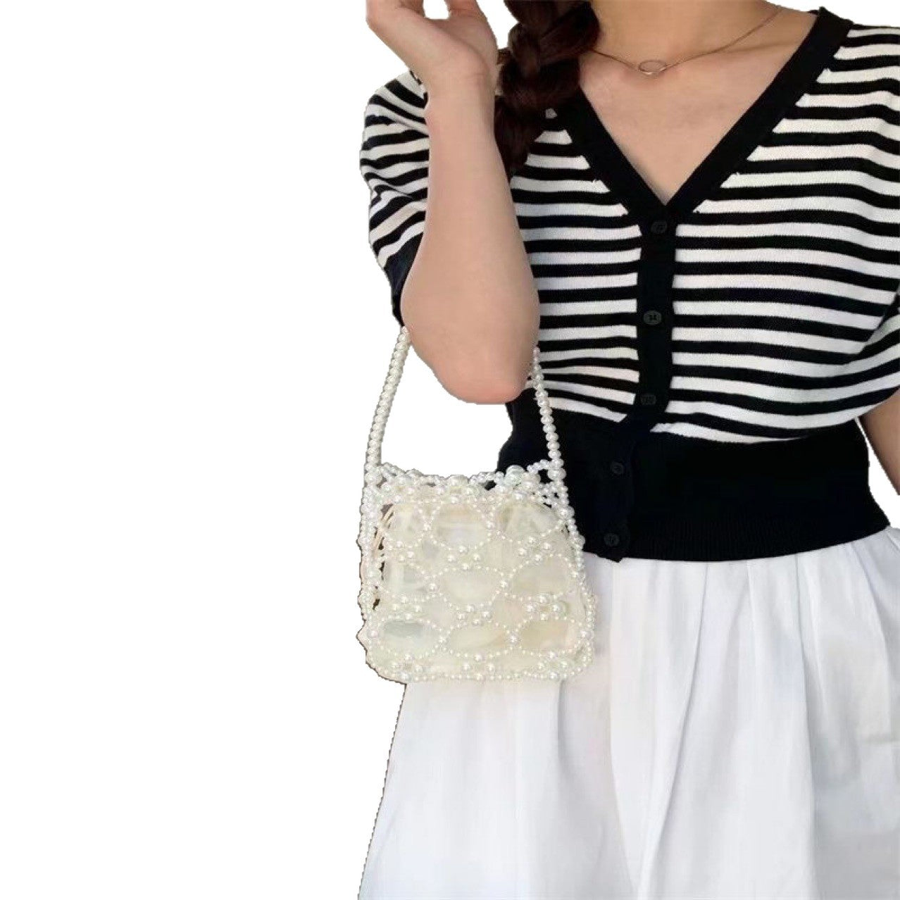 Handmade Pearl Vintage Bucket Bag with Hollow Bead Details