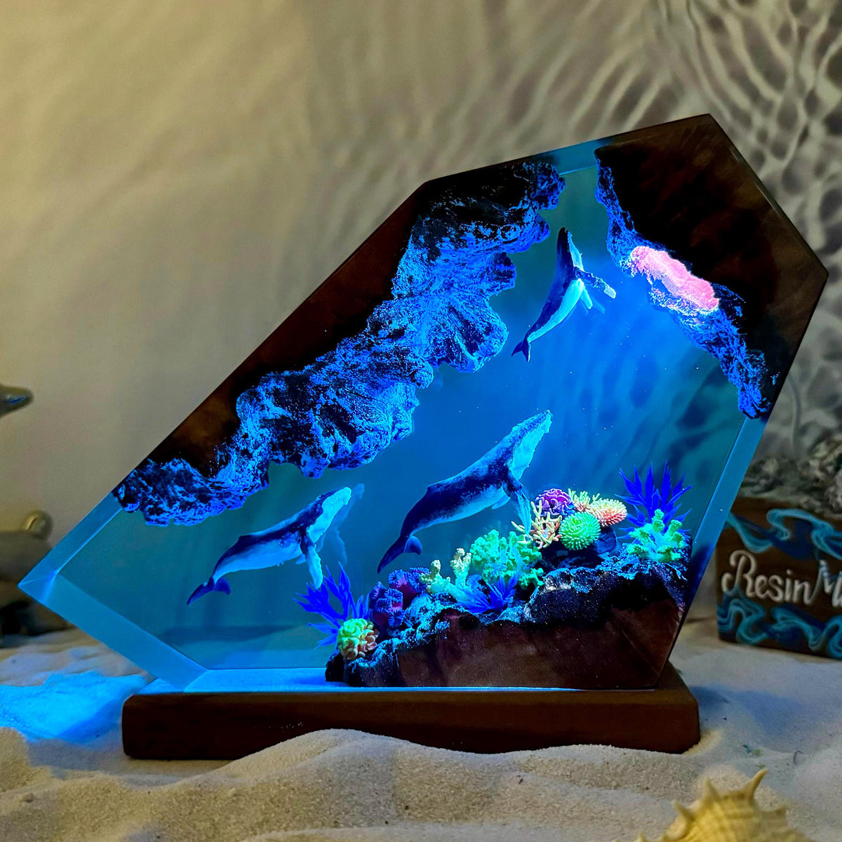Handmade Resin Wood Night Light with Whale Design