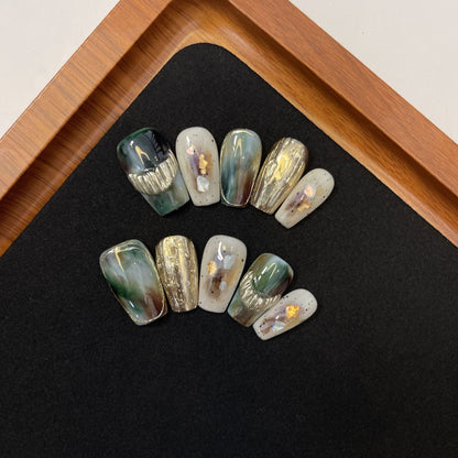 Handmade Stone Pattern Halo-Dyed Emerald Artificial Nails