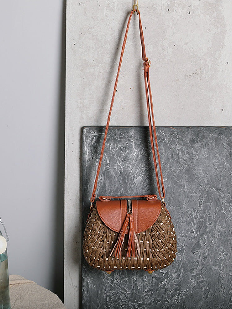 Handmade Straw Leather Tote Bag