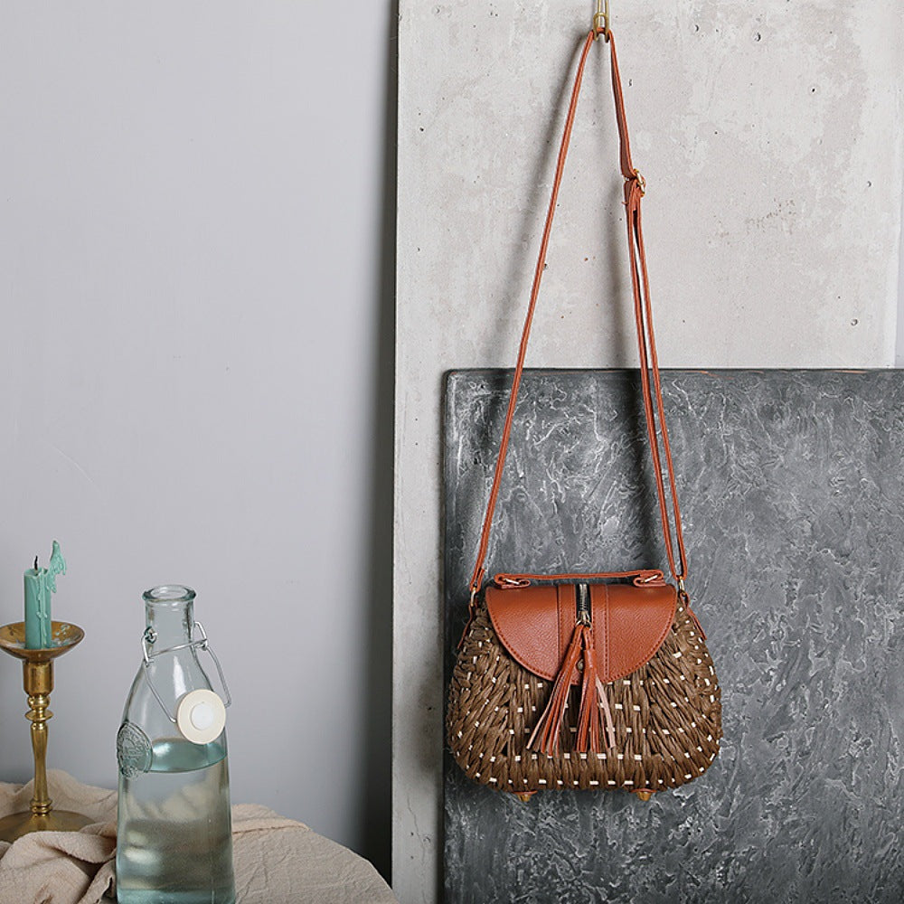 Handmade Straw Leather Tote Bag
