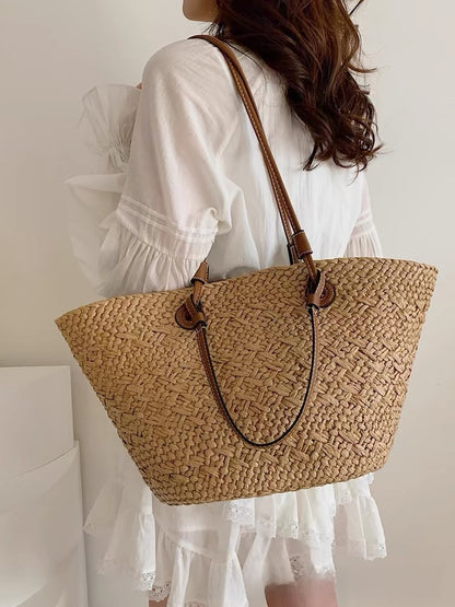 Handmade straw woven large capacity shoulder bag