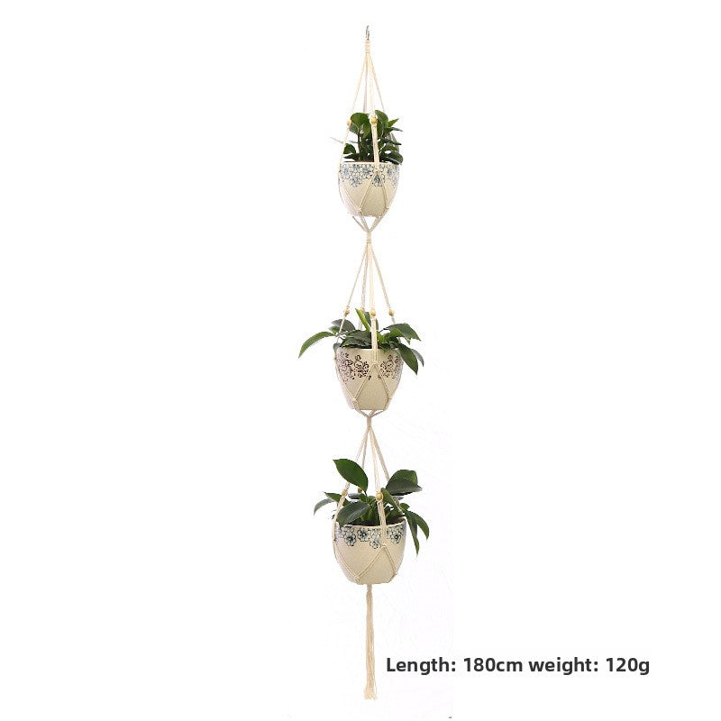 Handwoven Cotton Hanging Plant Basket with Decorative Accents