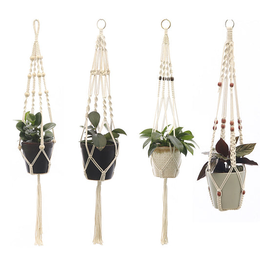 Handwoven Cotton Hanging Plant Basket with Decorative Accents