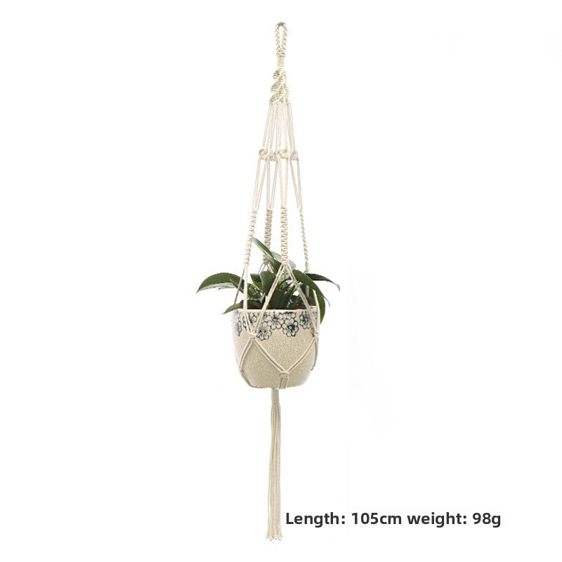 Handwoven Cotton Hanging Plant Basket with Decorative Accents
