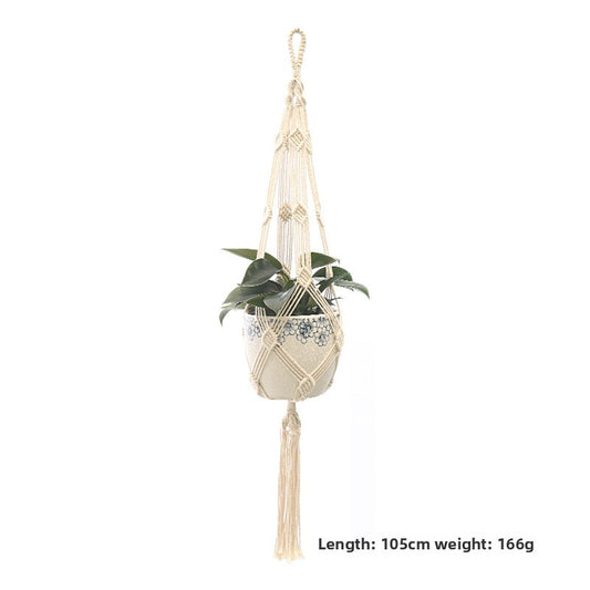 Handwoven Cotton Hanging Plant Basket with Decorative Accents