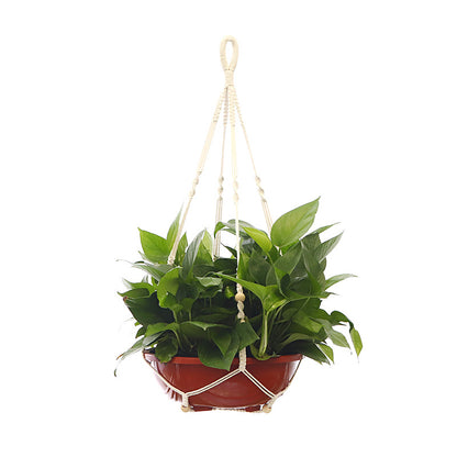 Handwoven Cotton Hanging Plant Basket with Decorative Accents