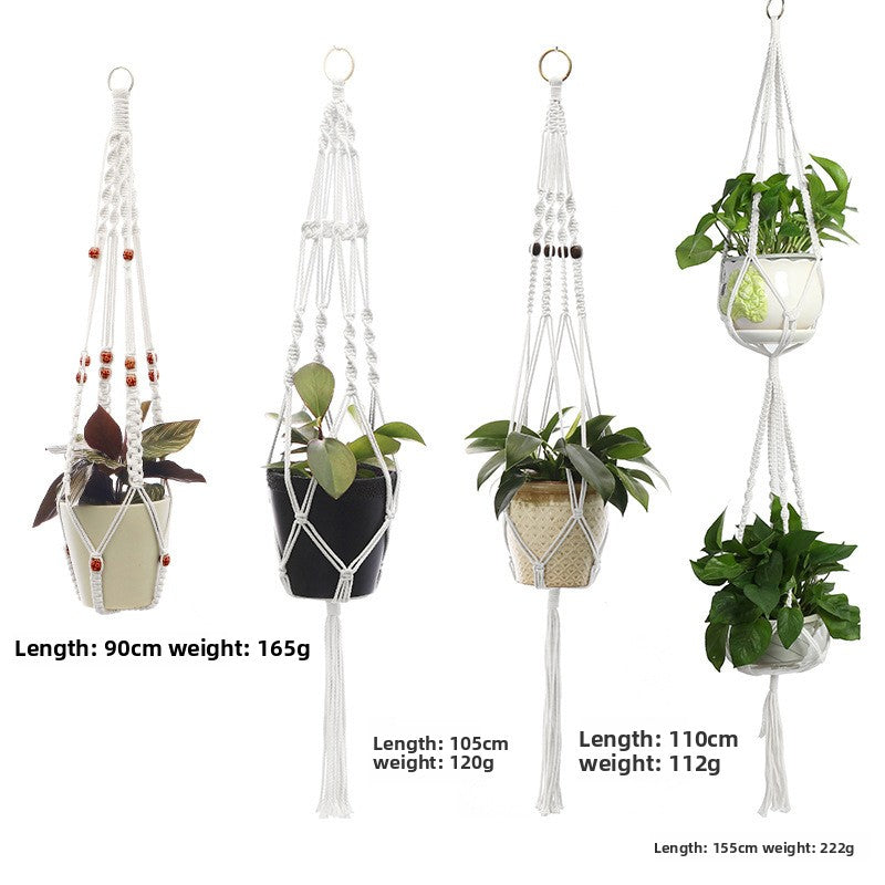 Handwoven Cotton Hanging Plant Basket with Decorative Accents