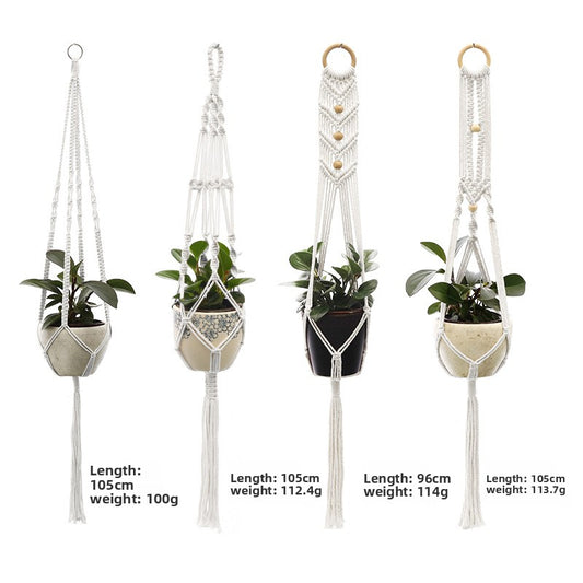 Handwoven Cotton Hanging Plant Basket with Decorative Accents