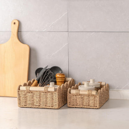 Handwoven Paper Rope Storage Basket with Wooden Handle