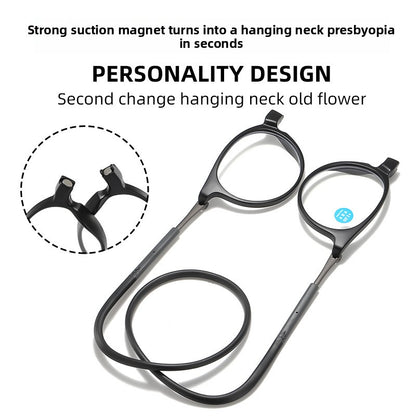 Hanging neck magnetic reading glasses