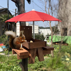 Feeder with red umbrella