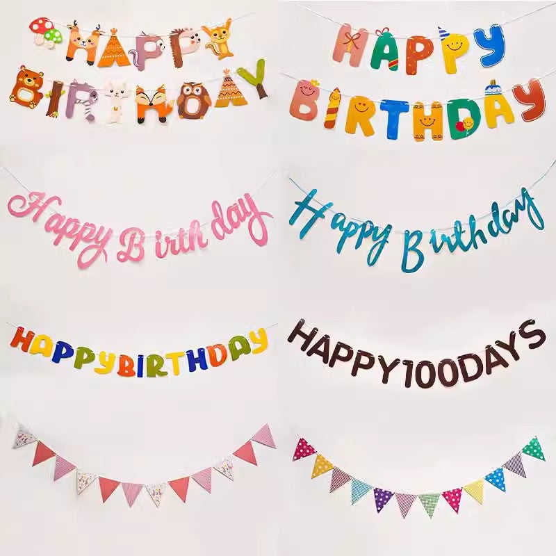 Happy Birthday Flag Children's Baby Birthday Decoration English Bronzing Fishtail Flag Party Color Flag Cartoon