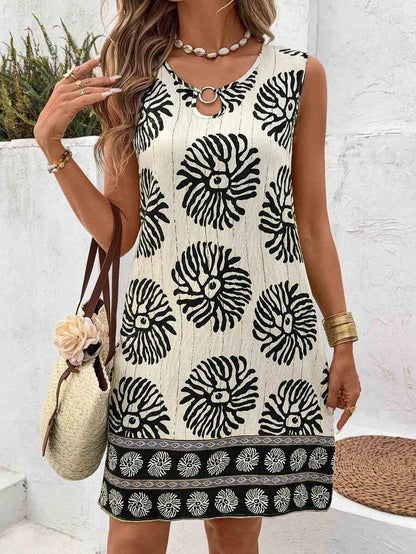 Hawaiian Floral Print V-Neck Sleeveless Mid-Length Dress