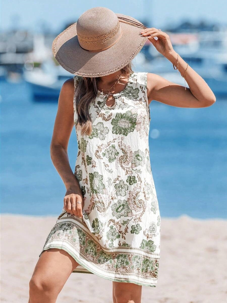 Hawaiian Floral Print V-Neck Sleeveless Mid-Length Dress