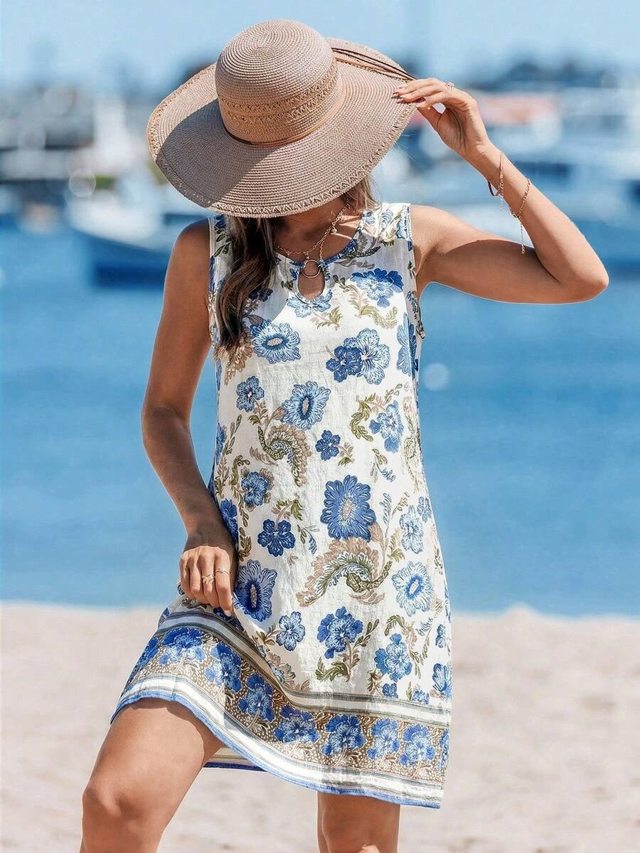 Hawaiian Floral Print V-Neck Sleeveless Mid-Length Dress