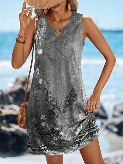Hawaiian Floral Print V-Neck Sleeveless Mid-Length Dress