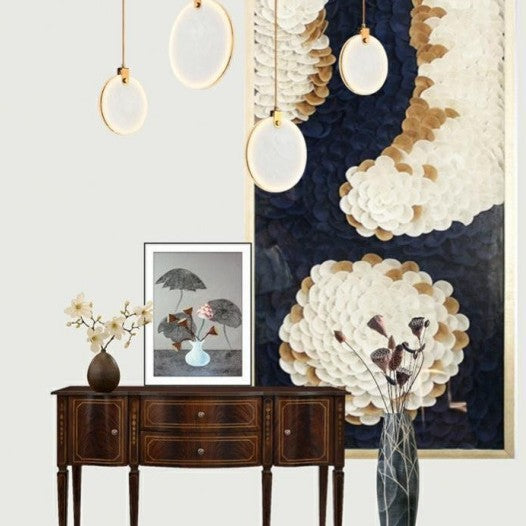 Headboard-shaped imitation travertine pendant lamp