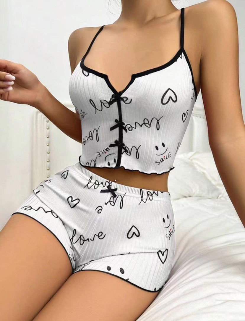 Heart Print V-Neck Sleepwear Set