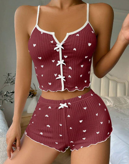 Heart Print V-Neck Sleepwear Set