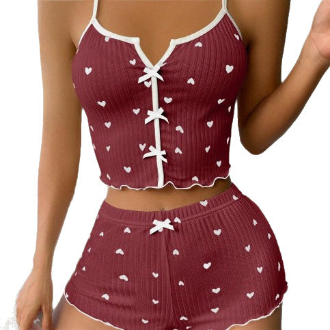 Heart Print V-Neck Sleepwear Set
