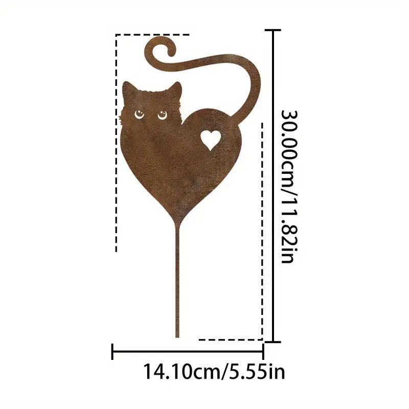 Heart Shaped Cat Silhouette Rust Metal Garden Decoration