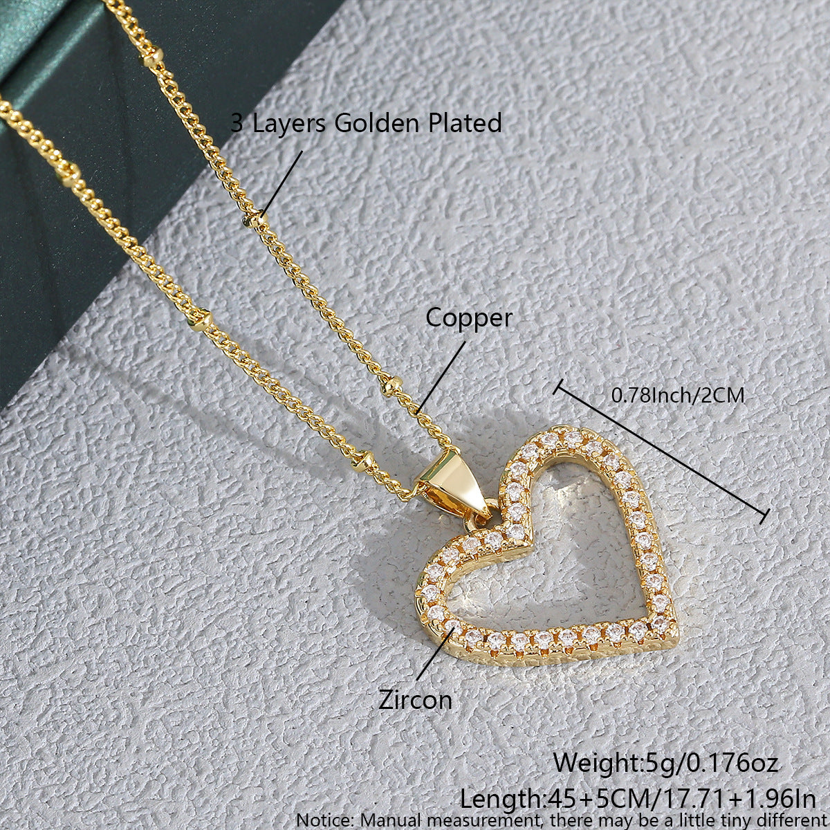 Heart Shaped Zircon Necklace Gold Plated Chain