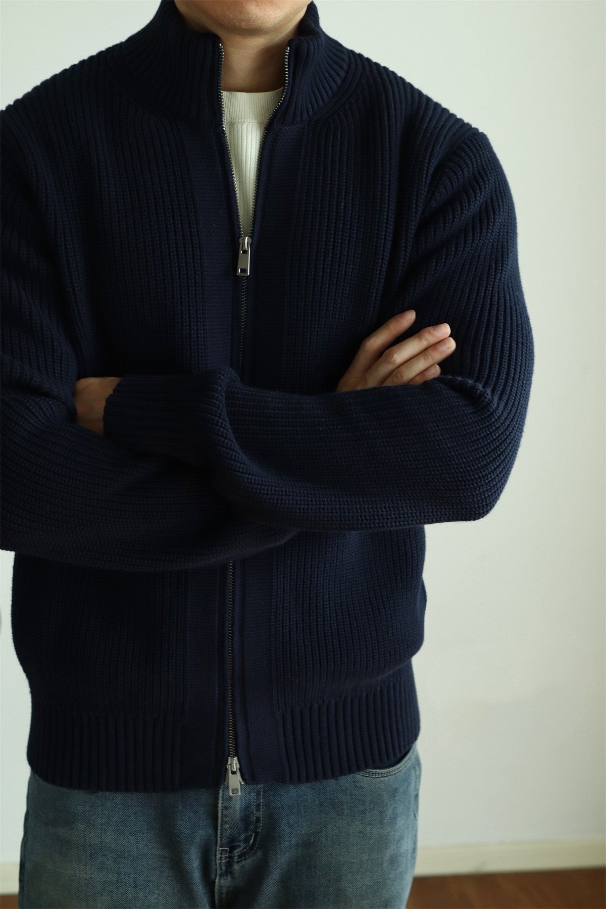 Heavy-Duty Combed Cotton Zip-Up Knit Sweater