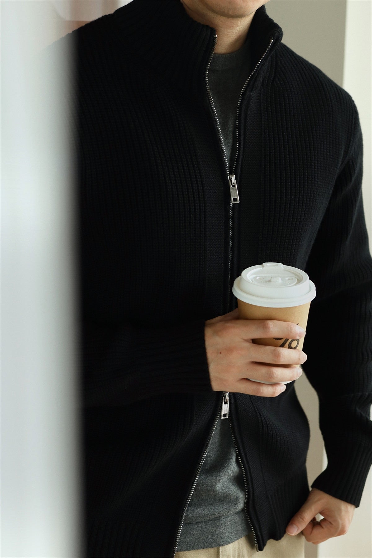 Heavy-Duty Combed Cotton Zip-Up Knit Sweater