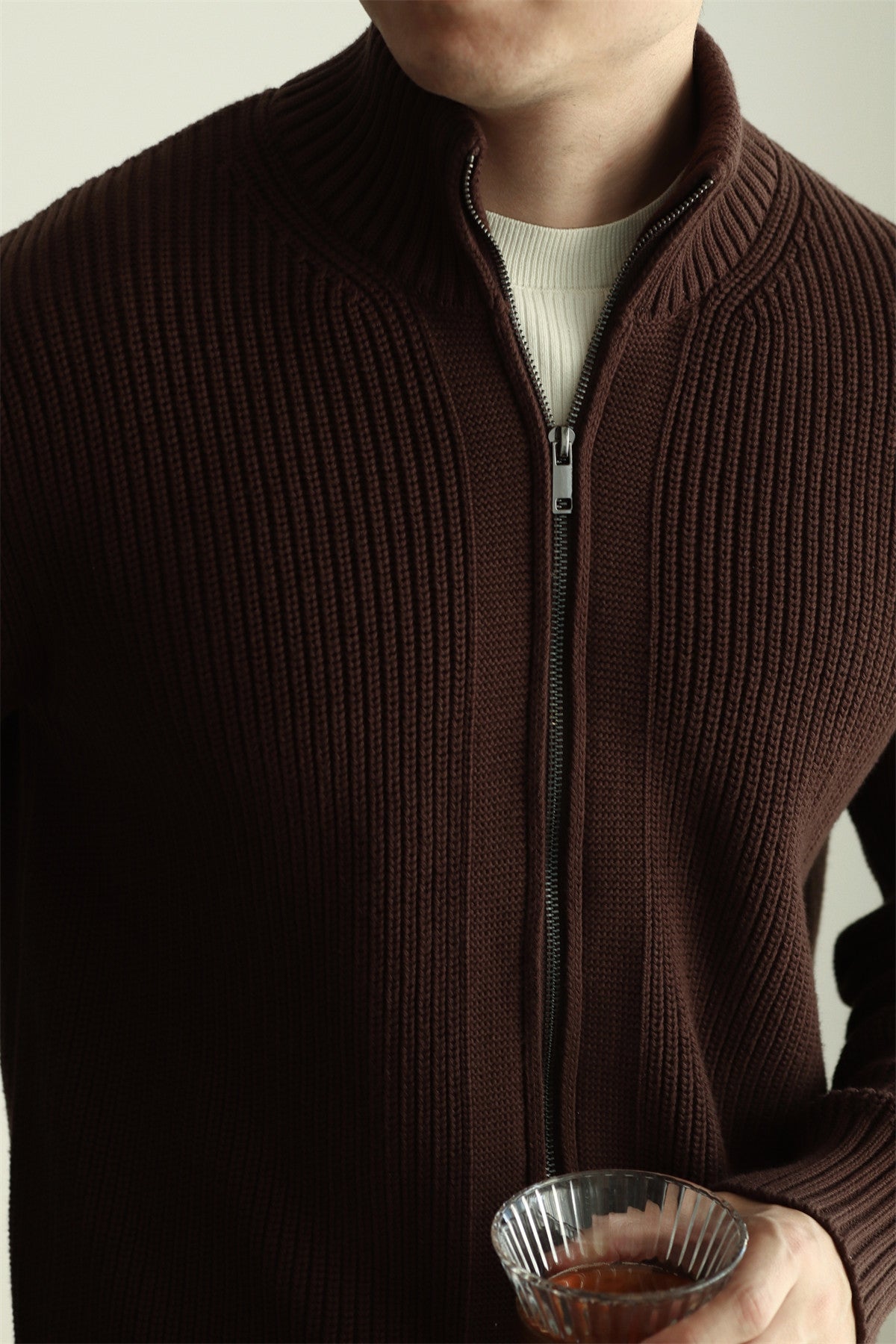 Heavy-Duty Combed Cotton Zip-Up Knit Sweater