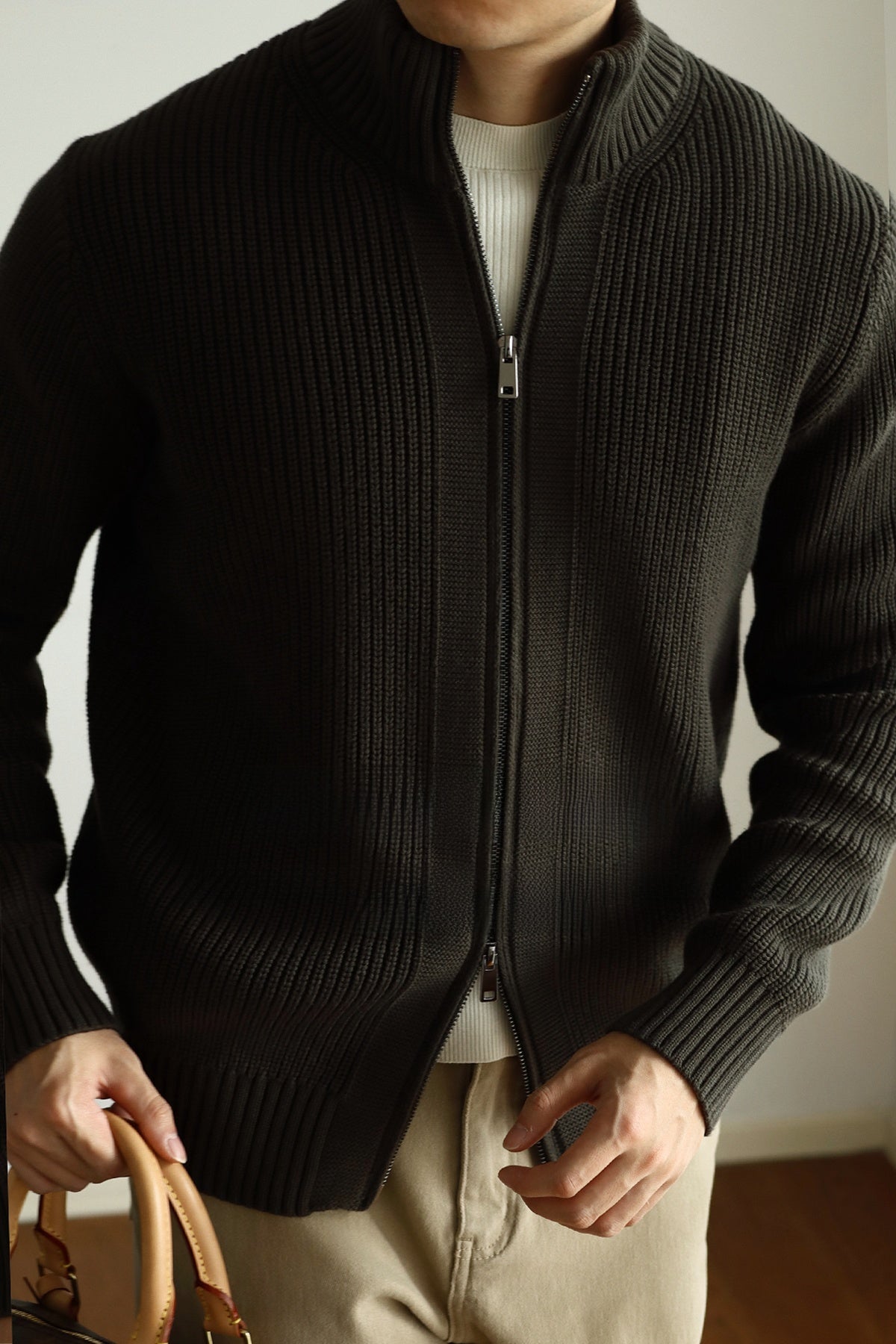 Heavy-Duty Combed Cotton Zip-Up Knit Sweater