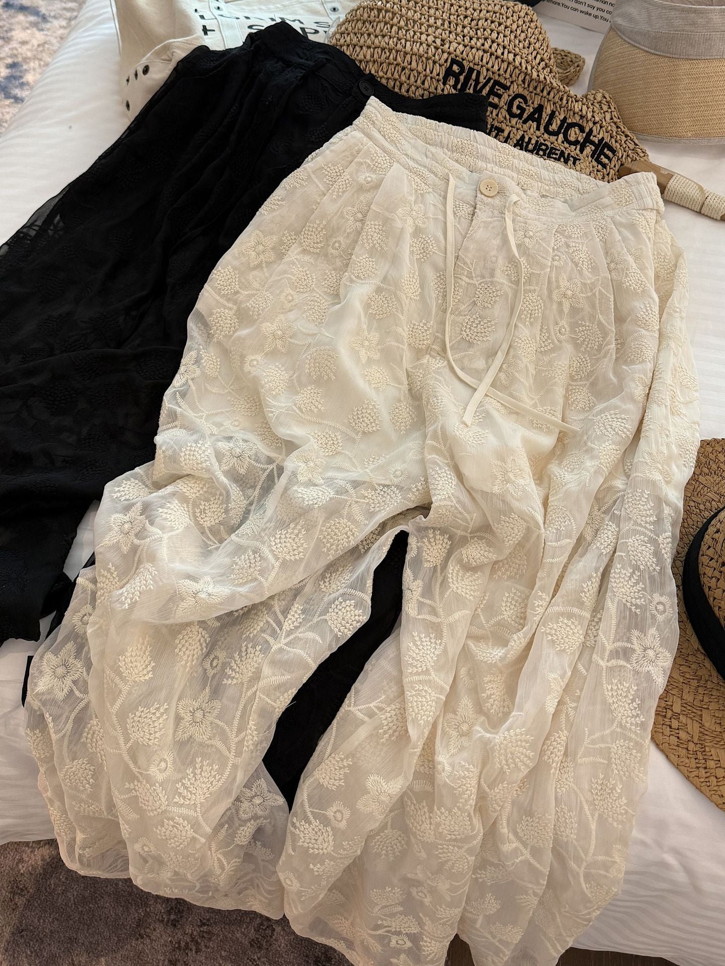 Heavy Embroidery Wide-Leg Casual Pants