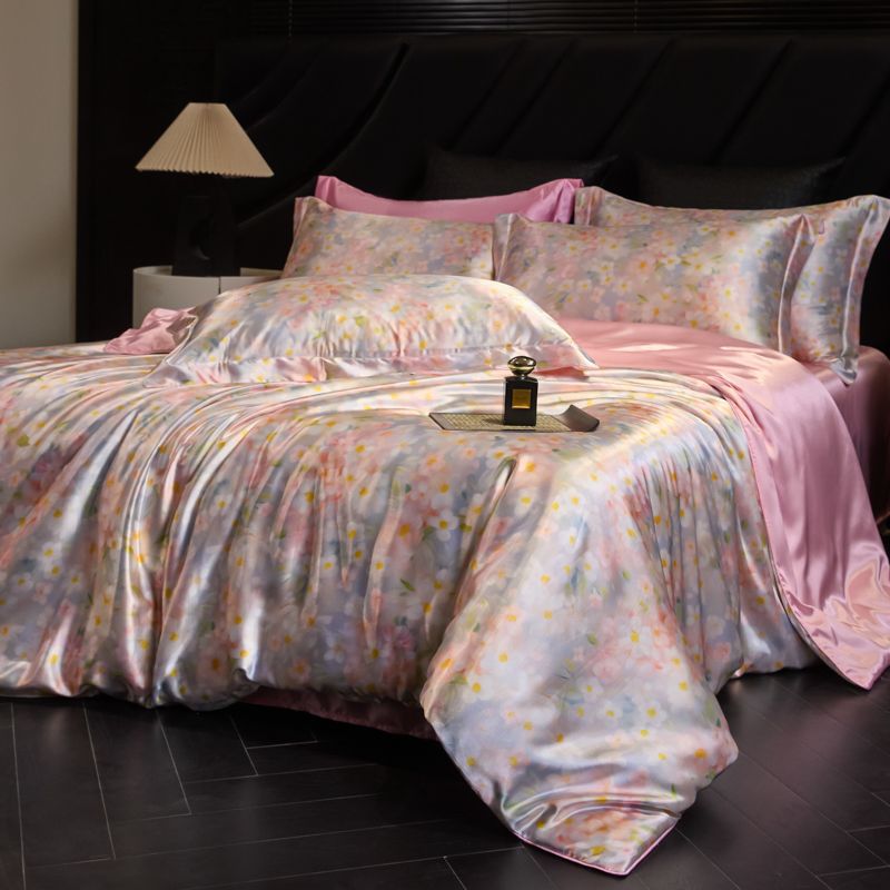Heavy Weightweight 40mm Printed Silk Four-Piece Set Double-Sided Mulberry Silk Ice Silk Quilt Cover Naked Sleeping Fitted Bed Sheets Bedding