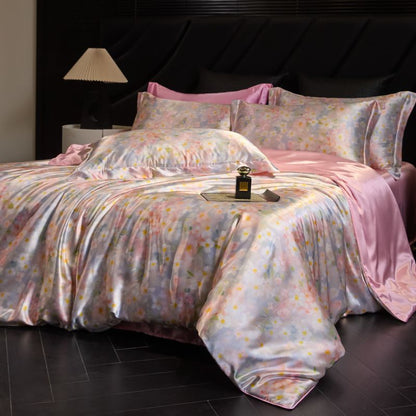 Heavy Weightweight 40mm Printed Silk Four-Piece Set Double-Sided Mulberry Silk Ice Silk Quilt Cover Naked Sleeping Fitted Bed Sheets Bedding