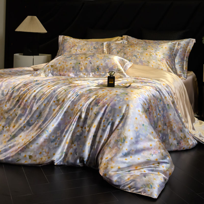 Heavy Weightweight 40mm Printed Silk Four-Piece Set Double-Sided Mulberry Silk Ice Silk Quilt Cover Naked Sleeping Fitted Bed Sheets Bedding