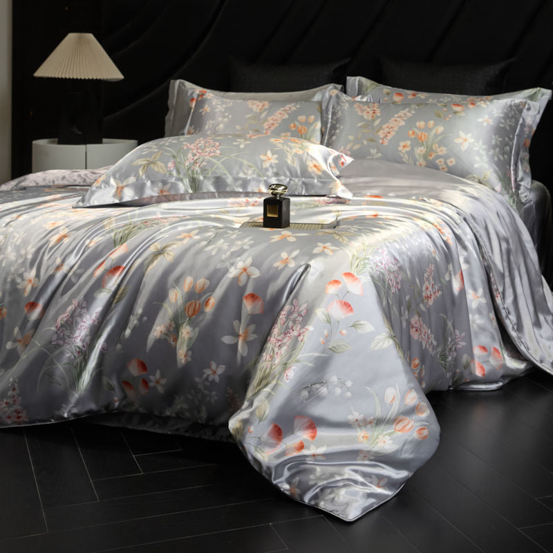 Heavy Weightweight 40mm Printed Silk Four-Piece Set Double-Sided Mulberry Silk Ice Silk Quilt Cover Naked Sleeping Fitted Bed Sheets Bedding