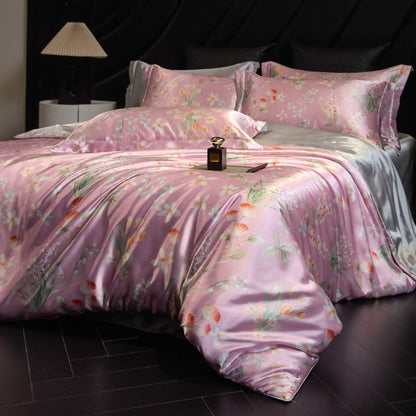 Heavy Weightweight 40mm Printed Silk Four-Piece Set Double-Sided Mulberry Silk Ice Silk Quilt Cover Naked Sleeping Fitted Bed Sheets Bedding
