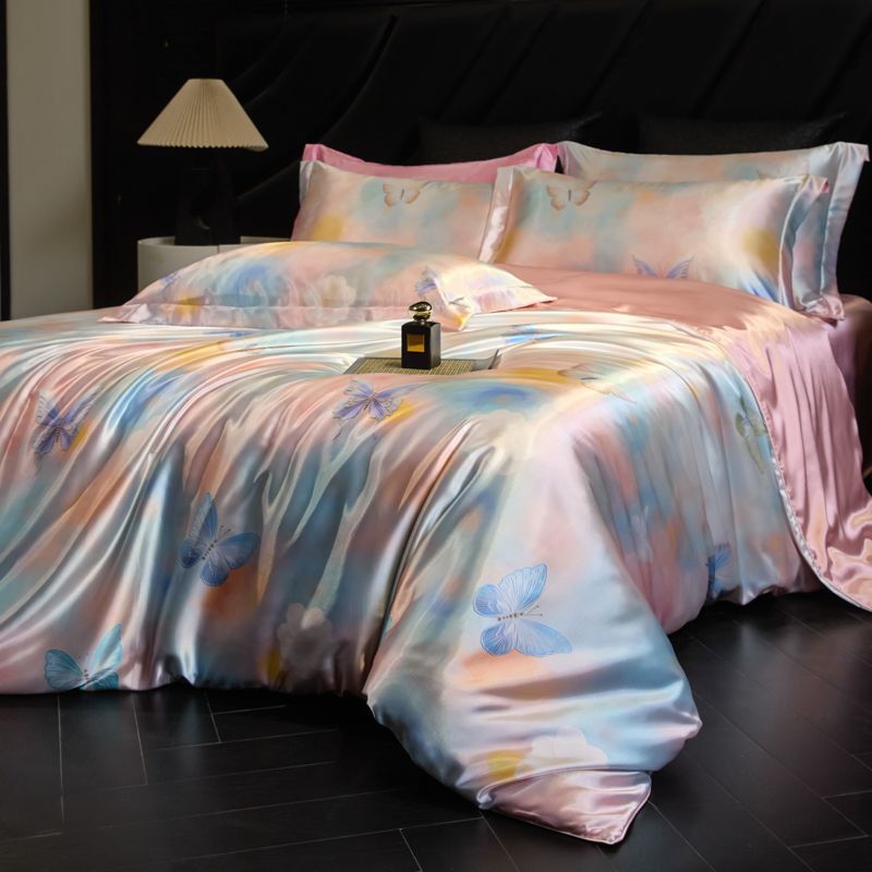 Heavy Weightweight 40mm Printed Silk Four-Piece Set Double-Sided Mulberry Silk Ice Silk Quilt Cover Naked Sleeping Fitted Bed Sheets Bedding