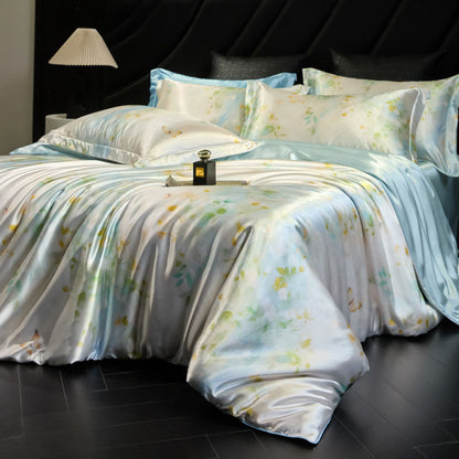 Heavy Weightweight 40mm Printed Silk Four-Piece Set Double-Sided Mulberry Silk Ice Silk Quilt Cover Naked Sleeping Fitted Bed Sheets Bedding