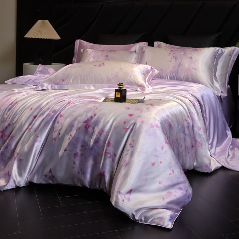 Heavy Weightweight 40mm Printed Silk Four-Piece Set Double-Sided Mulberry Silk Ice Silk Quilt Cover Naked Sleeping Fitted Bed Sheets Bedding