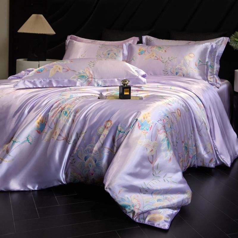 Heavy Weightweight 40mm Printed Silk Four-Piece Set Double-Sided Mulberry Silk Ice Silk Quilt Cover Naked Sleeping Fitted Bed Sheets Bedding