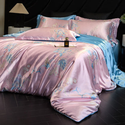 Heavy Weightweight 40mm Printed Silk Four-Piece Set Double-Sided Mulberry Silk Ice Silk Quilt Cover Naked Sleeping Fitted Bed Sheets Bedding