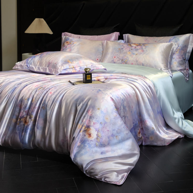Heavy Weightweight 40mm Printed Silk Four-Piece Set Double-Sided Mulberry Silk Ice Silk Quilt Cover Naked Sleeping Fitted Bed Sheets Bedding