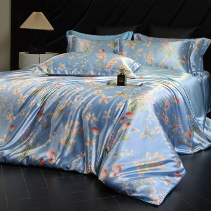 Heavy Weightweight 40mm Printed Silk Four-Piece Set Double-Sided Mulberry Silk Ice Silk Quilt Cover Naked Sleeping Fitted Bed Sheets Bedding