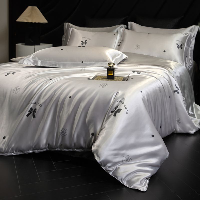 Heavy Weightweight 40mm Printed Silk Four-Piece Set Double-Sided Mulberry Silk Ice Silk Quilt Cover Naked Sleeping Fitted Bed Sheets Bedding