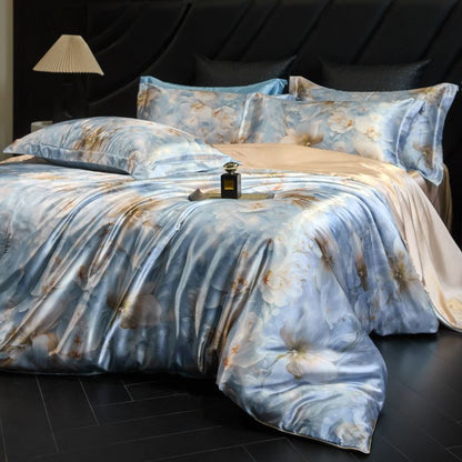 Heavy Weightweight 40mm Printed Silk Four-Piece Set Double-Sided Mulberry Silk Ice Silk Quilt Cover Naked Sleeping Fitted Bed Sheets Bedding