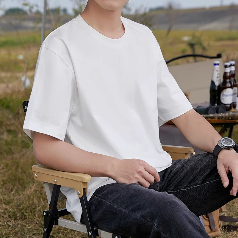 Heavyweight Pure Cotton Short-Sleeve T-Shirt for Men, Summer Loose Half-Sleeve Solid Color Everyday Retro Casual Base Shirt, Fashionable Style