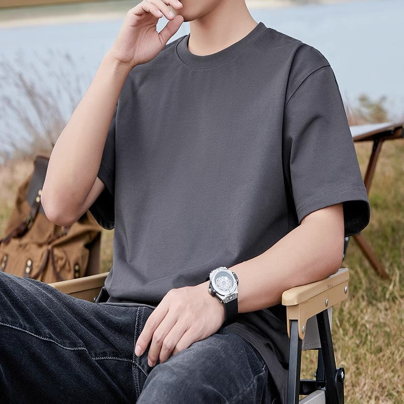 Heavyweight Pure Cotton Short-Sleeve T-Shirt for Men, Summer Loose Half-Sleeve Solid Color Everyday Retro Casual Base Shirt, Fashionable Style